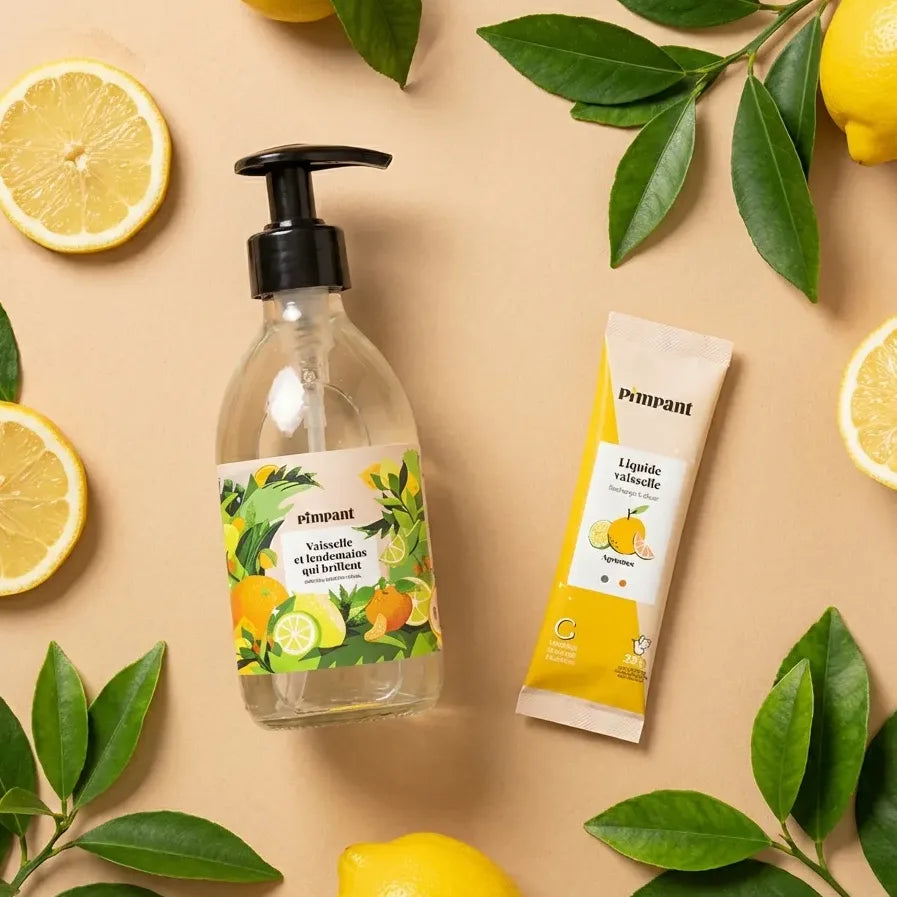Kit découverte liquide vaisselle Pimpant agrumes avec bouteille réutilisable et stick, citrons frais