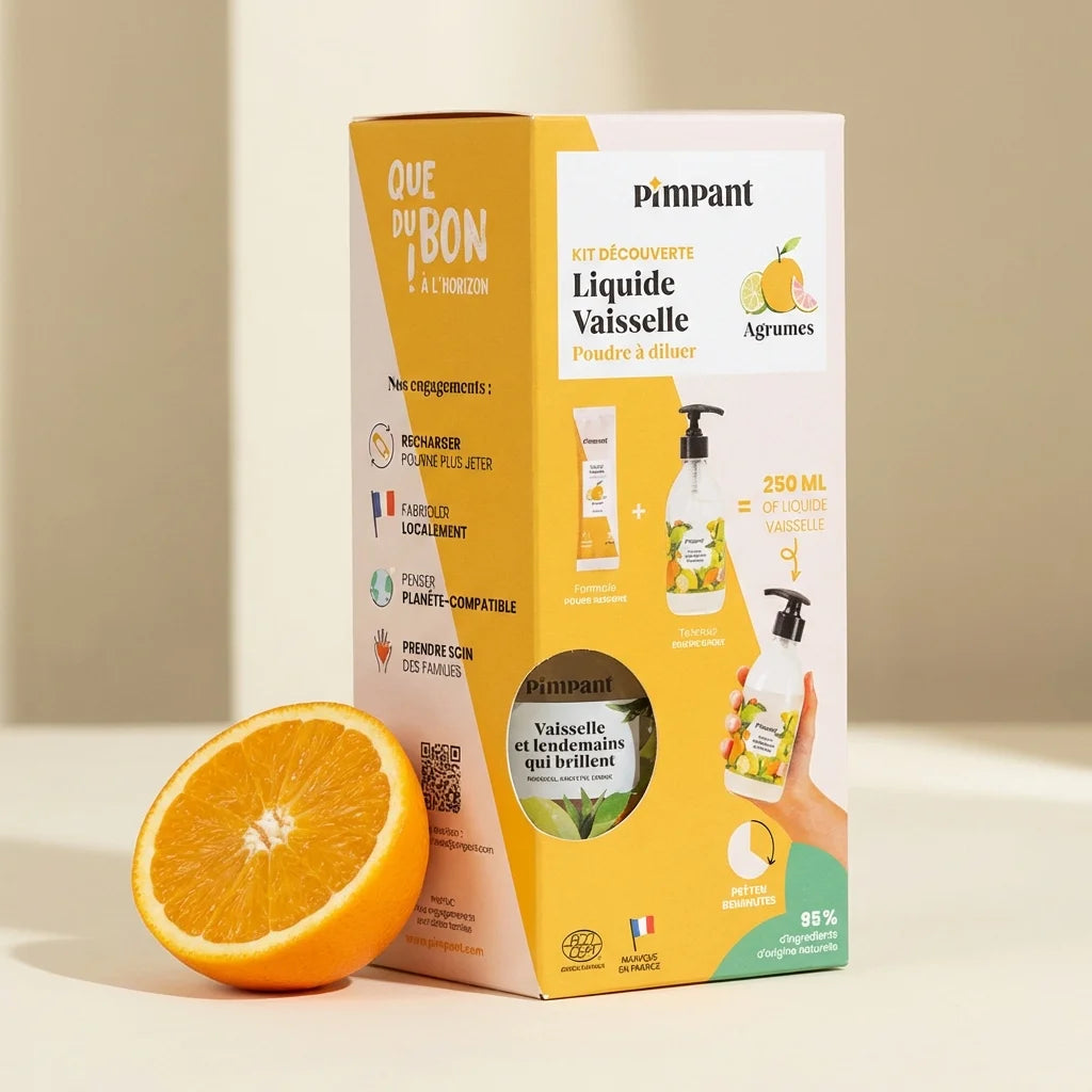 Kit découverte Pimpant liquide vaisselle agrumes avec bouteille et stick sur fond crème