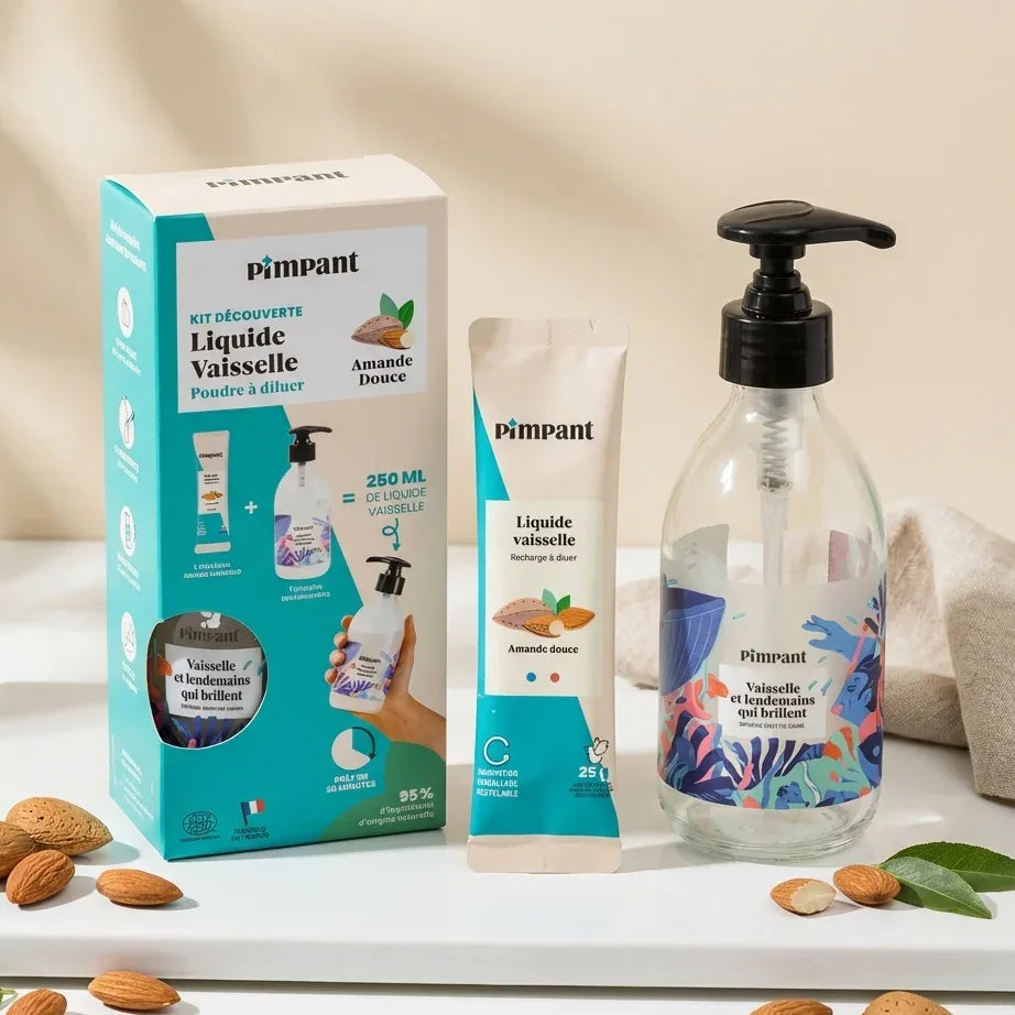Kit découverte liquide vaisselle Pimpant amande avec bouteille et stick écologique