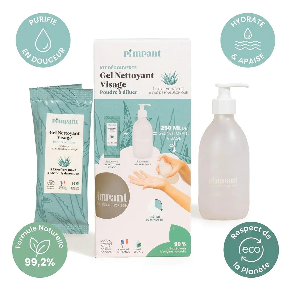 Kit découverte nettoyant visage Aloe Vera Pimpant avec bouteille verre et bénéfices naturels