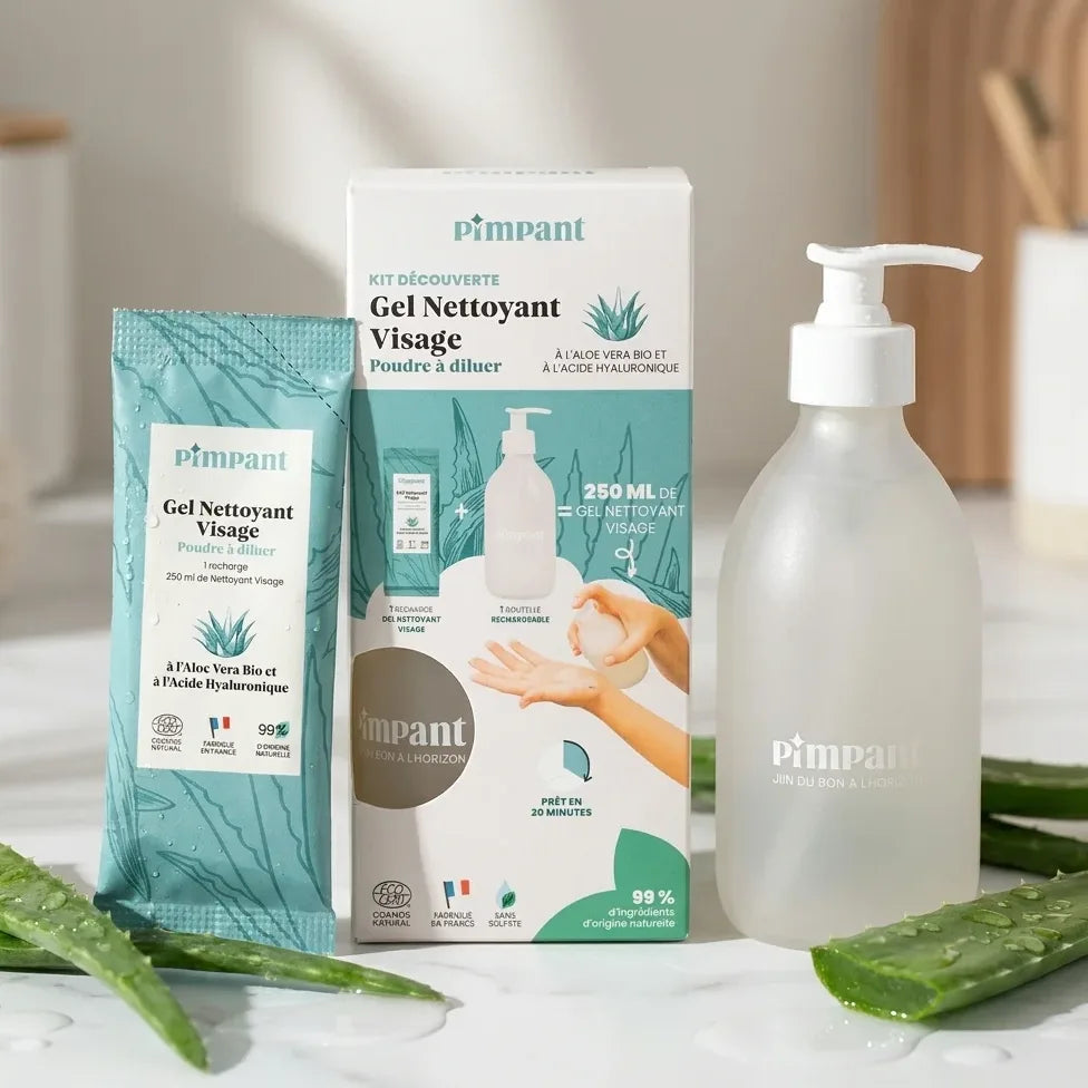 Kit Découverte Nettoyant Visage Aloe Vera Pimpant avec flacon, pochette et feuilles d'aloe vera