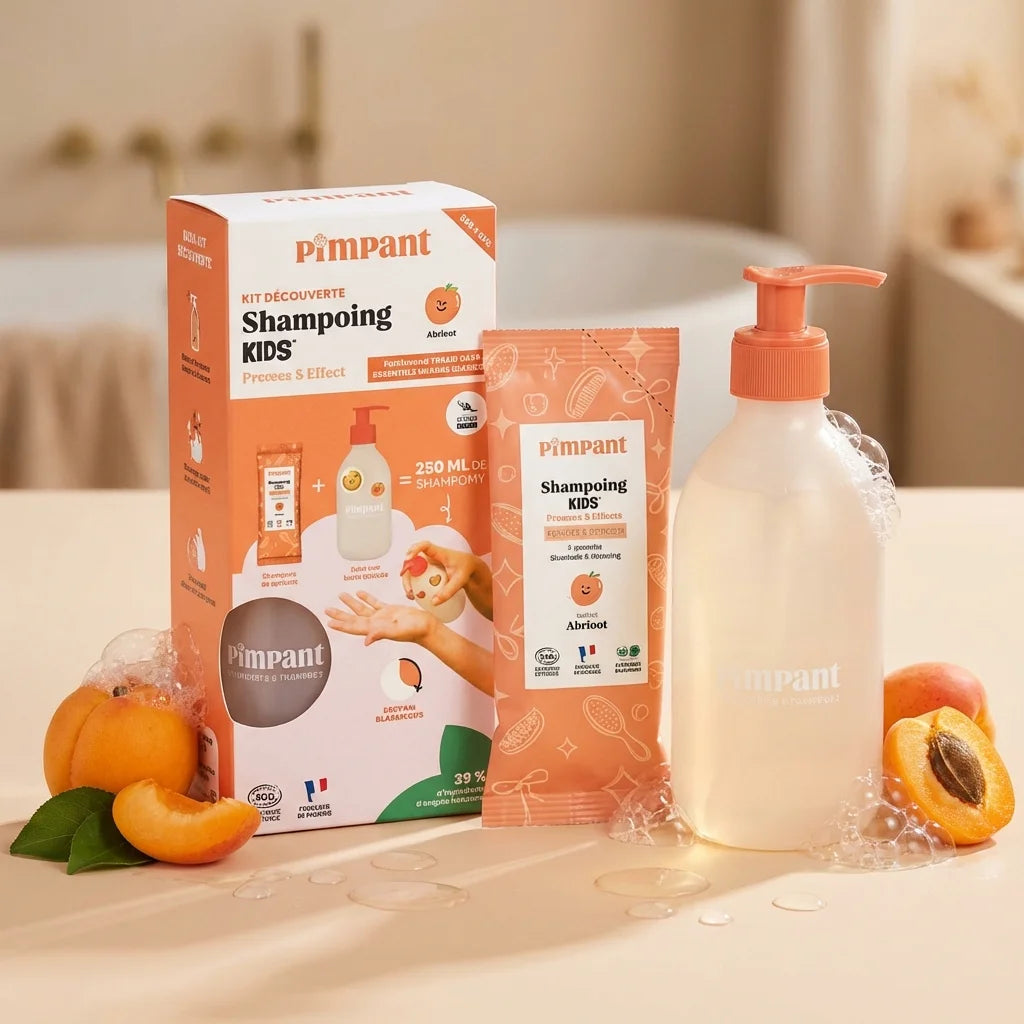 Kit Découverte Shampoing Kids Pimpant avec flacon pompe orange et recharge poudre sur fond beige