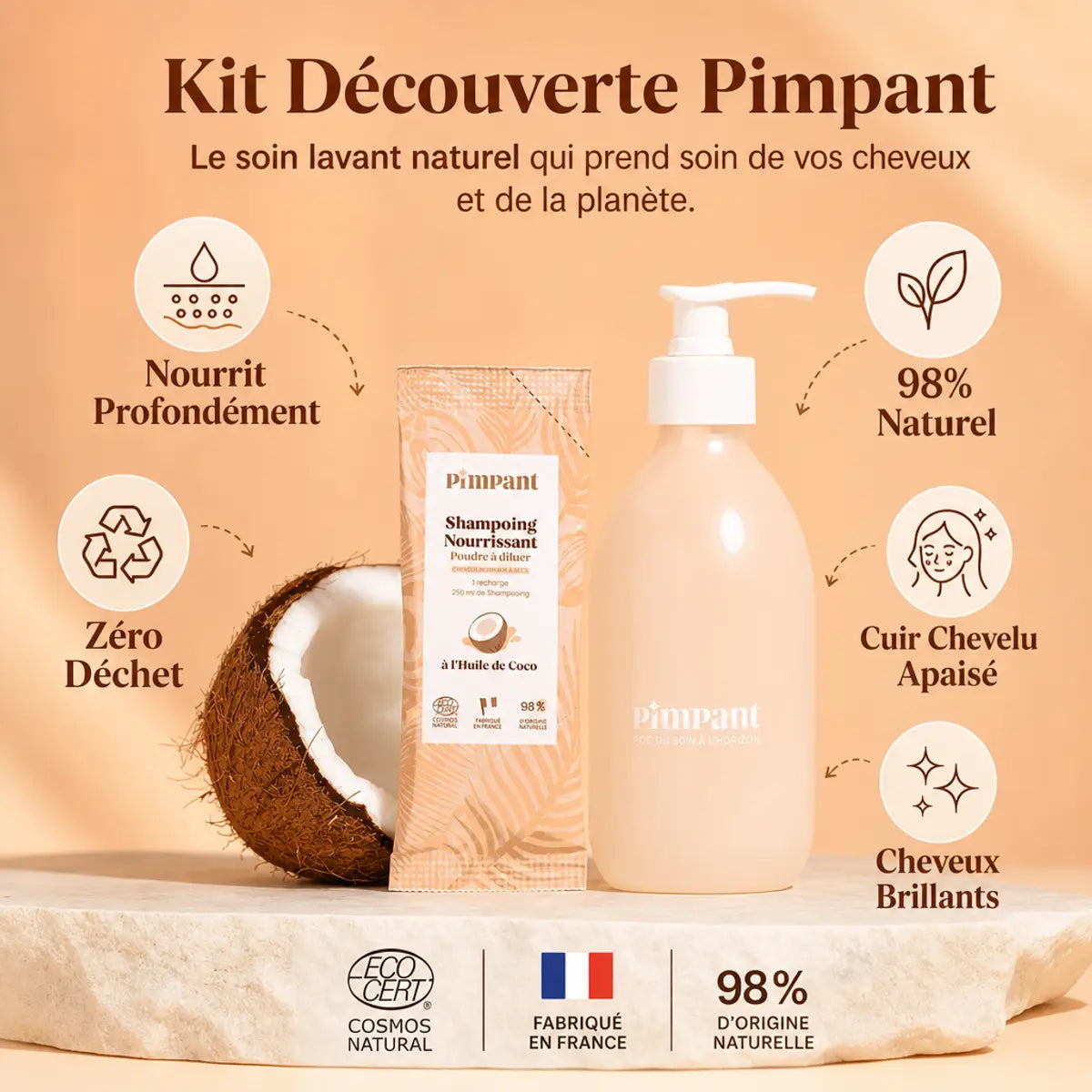 Kit découverte Shampoing Pimpant réutilisable avec ses 5 bénéfices : naturel, zéro déchet, cuir chevelu apaisé