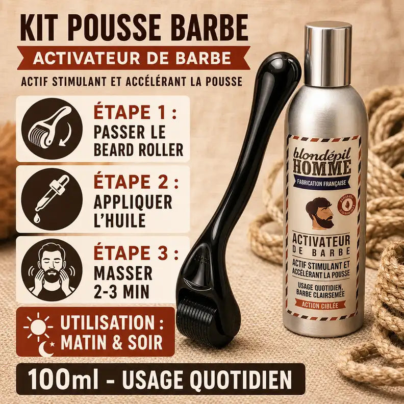 Kit Pousse Barbe avec Beard Roller et Huile 100ml - Guide d'utilisation 3 étapes