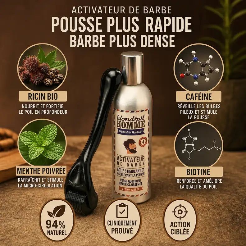 Kit Beard Roller et spray activateur barbe avec ingrédients naturels - Ricin, Caféine, Menthe