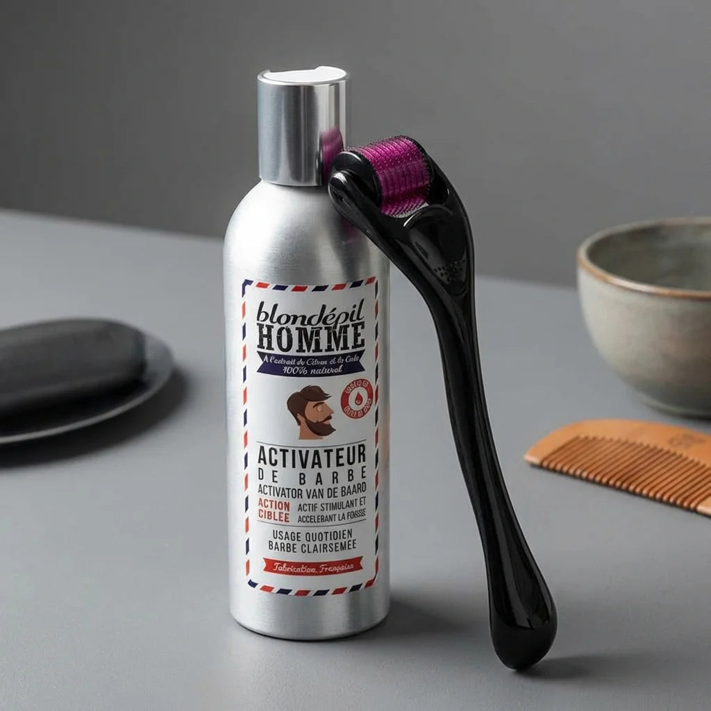 Kit pousse barbe Blondépil avec beard roller et huile de croissance 100ml sur fond gris