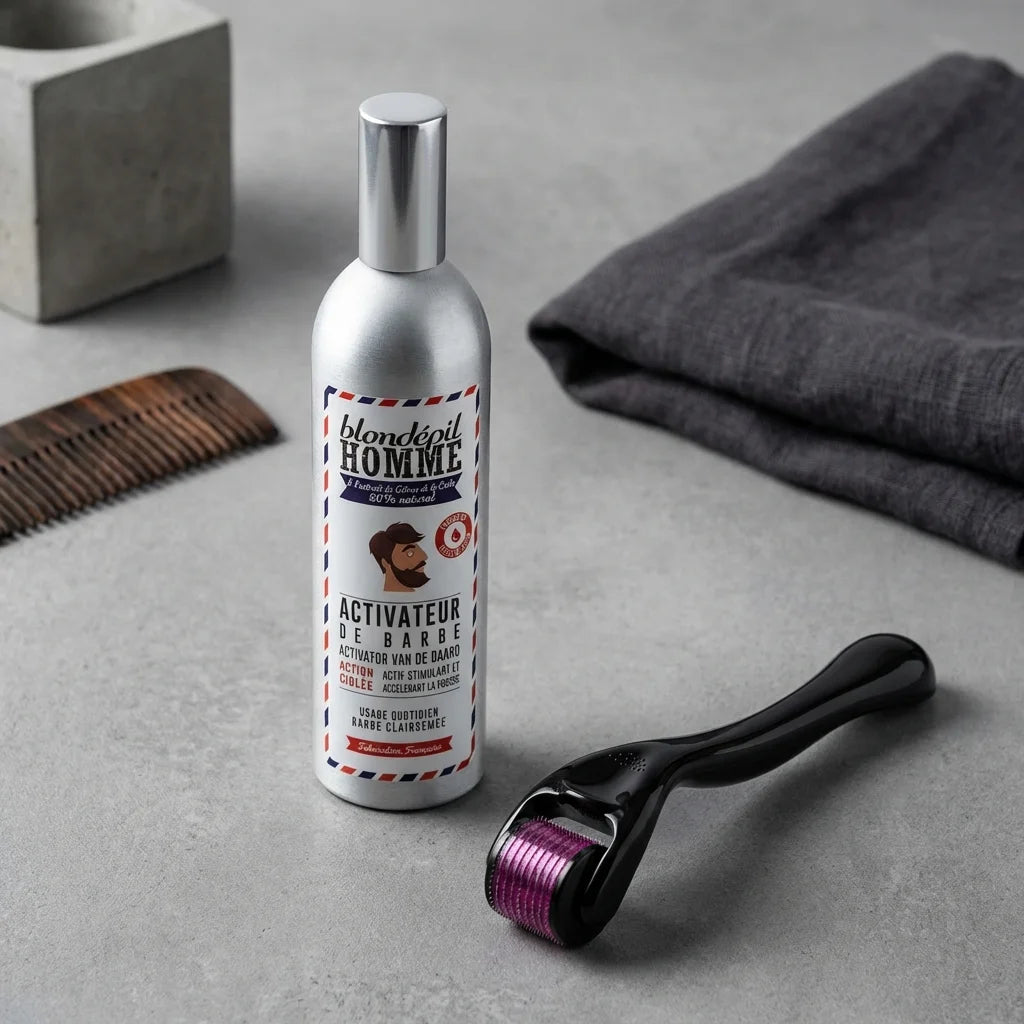 Kit pousse barbe Blondépil avec beard roller microneedling et huile de croissance 100ml