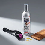 Kit pousse barbe complet avec beard roller noir et huile de croissance 100ml sur fond gris