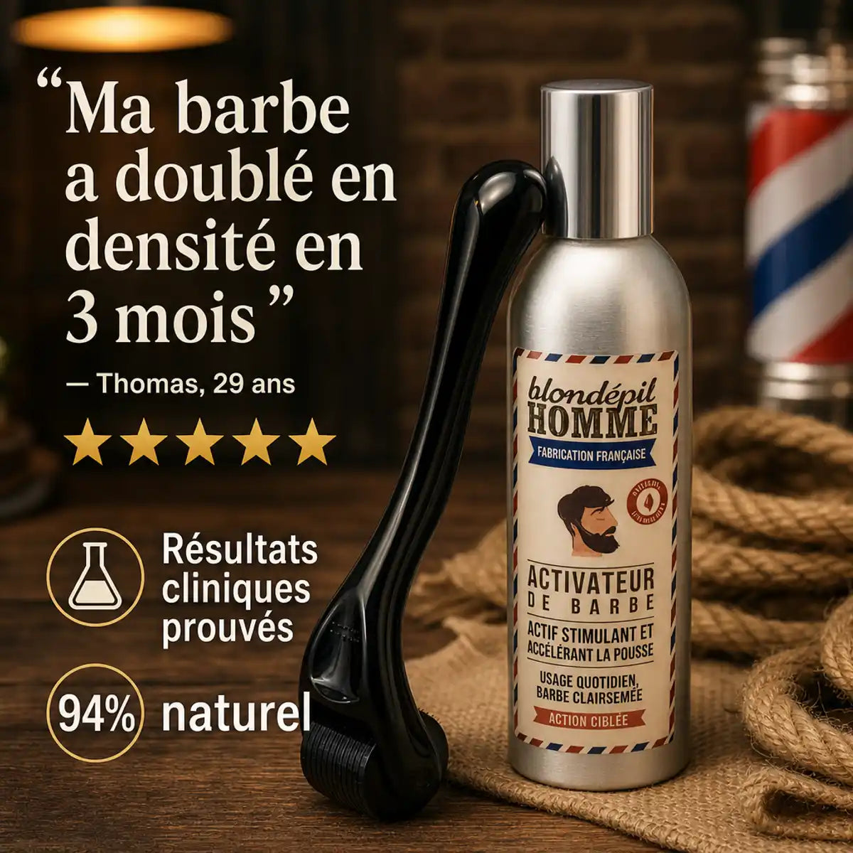 Activateur de barbe Blondépil avec testimonial client 5 étoiles et résultats cliniques prouvés