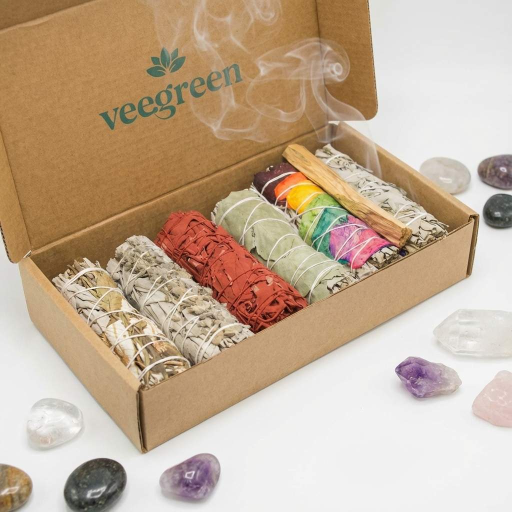 Kit Purification Maison Veegreen 7 sauges sacrées ouvert avec sauge blanche, cristaux et bâtons Palo Santo