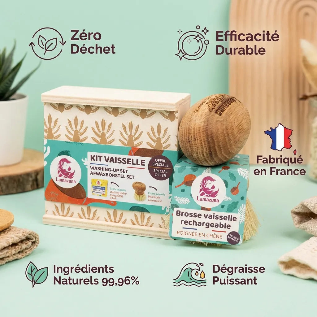 Kit vaisselle solide Lamazuna rechargeable avec brosse bois et ses 5 bénéfices zéro déchet