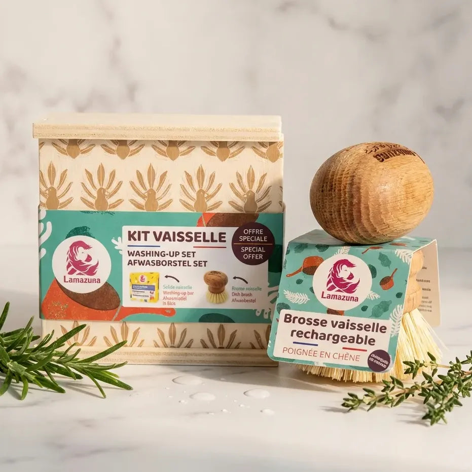 Kit vaisselle écologique Lamazuna avec brosse rechargeable et savon solide 125g en coffret bois