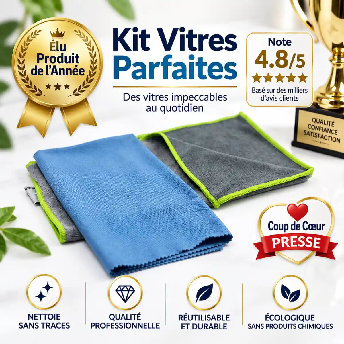 Kit Vitres Parfaites JP Nature : chiffons microfibre et tissu magique avec récompenses