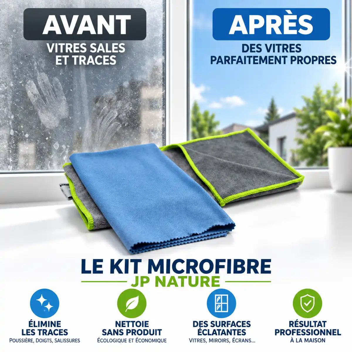 Kit microfibre JP Nature transforme vitre sale en vitre impeccable - avant/après