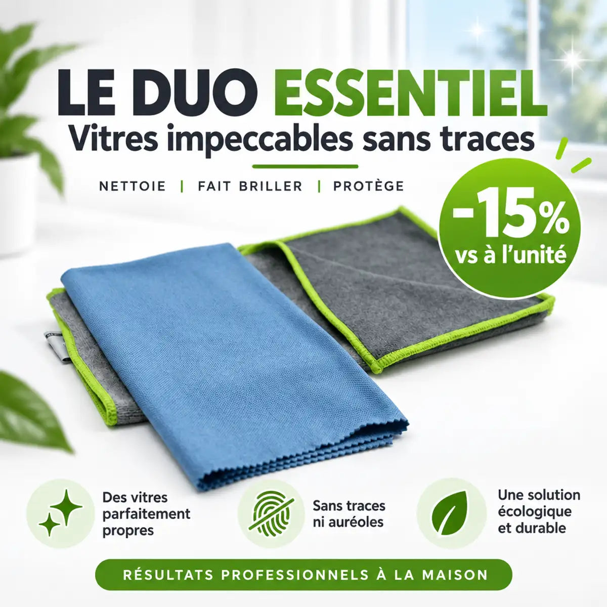 Kit Vitres Parfaites - chiffon microfibre et tissu magique pour vitres sans traces