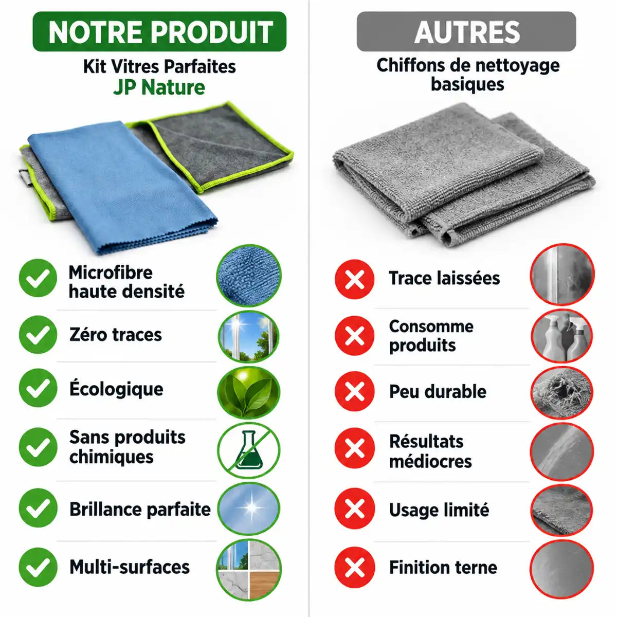 Comparaison Kit Vitres Parfaites JP Nature microfibre vs autres chiffons - avantages produit