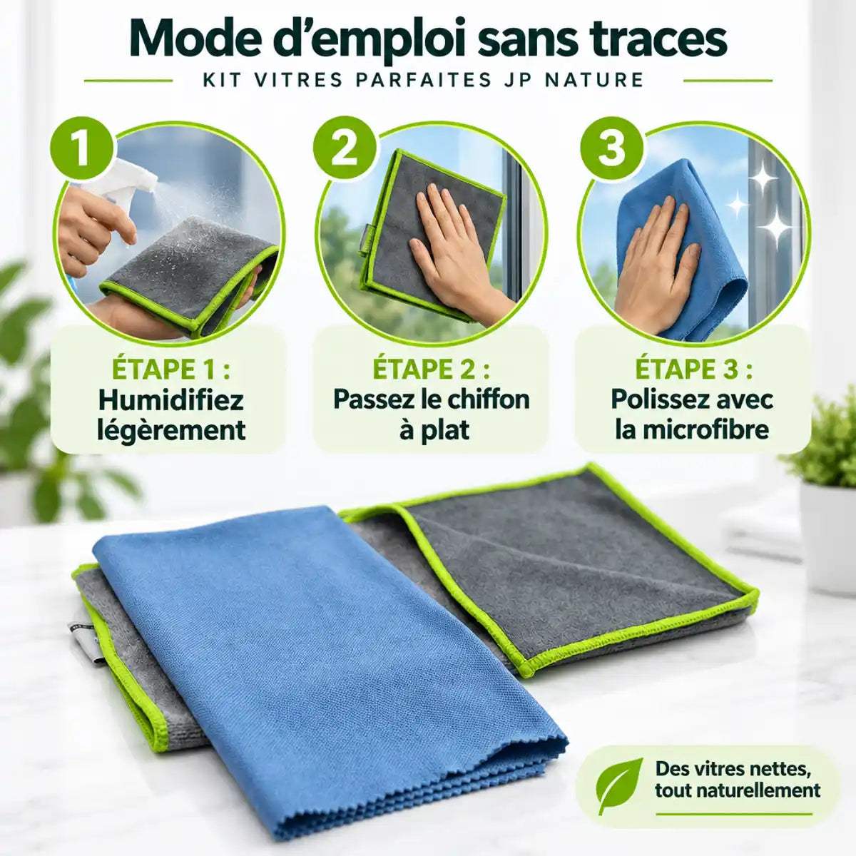 Kit Vitres Parfaites JP Nature : chiffon microfibre bleu et gris avec guide d'utilisation en 3 étapes pour vitres sans traces