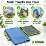 Kit Vitres Parfaites JP Nature : chiffon microfibre bleu et gris avec guide d'utilisation en 3 étapes pour vitres sans traces