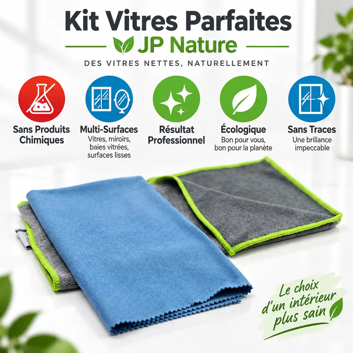 Kit Vitres Parfaites JP Nature - Microfibre et chiffon magique sans chimie, résultat professionnel sans traces