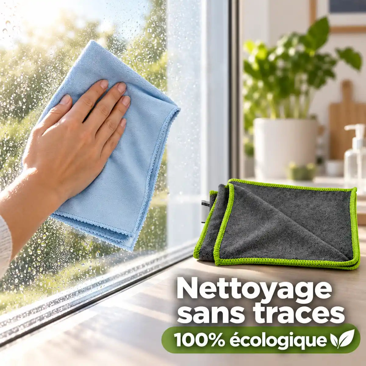 Kit Vitres Parfaites microfibre nettoyage écologique sans traces sur fenêtre ensoleillée