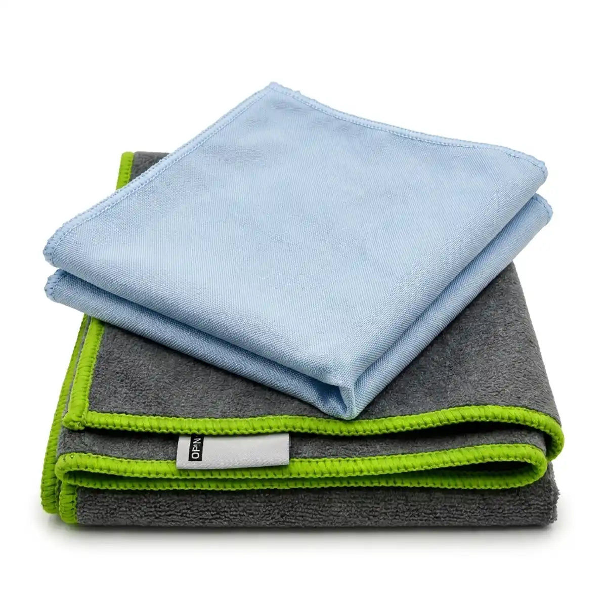 Kit de nettoyage microfibre JP Nature avec chiffon bleu et gris sur fond blanc