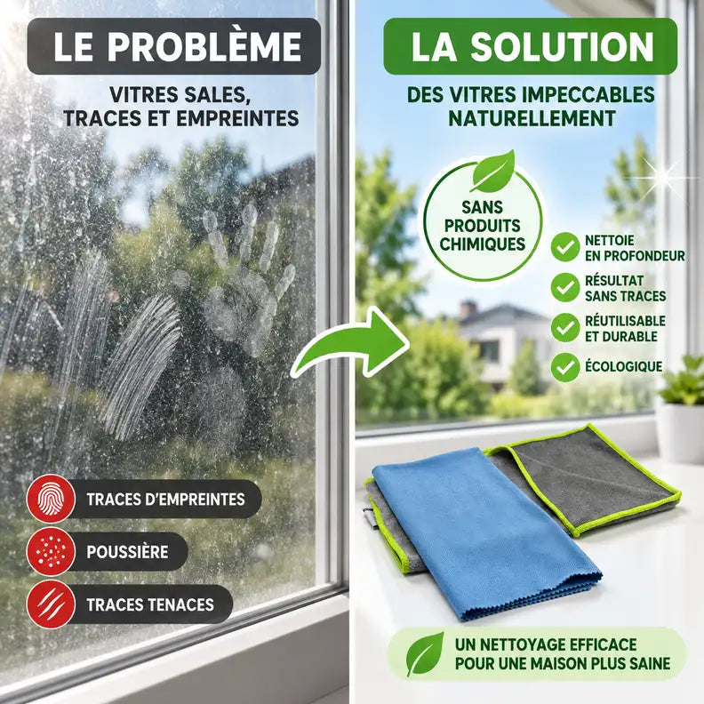 Kit vitres parfaites JP Nature : avant/après nettoyage avec microfibre et chiffon magique