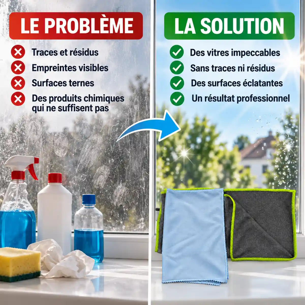 Kit microfibre JP Nature avant-après : vitres sales versus vitres étincelantes et propres