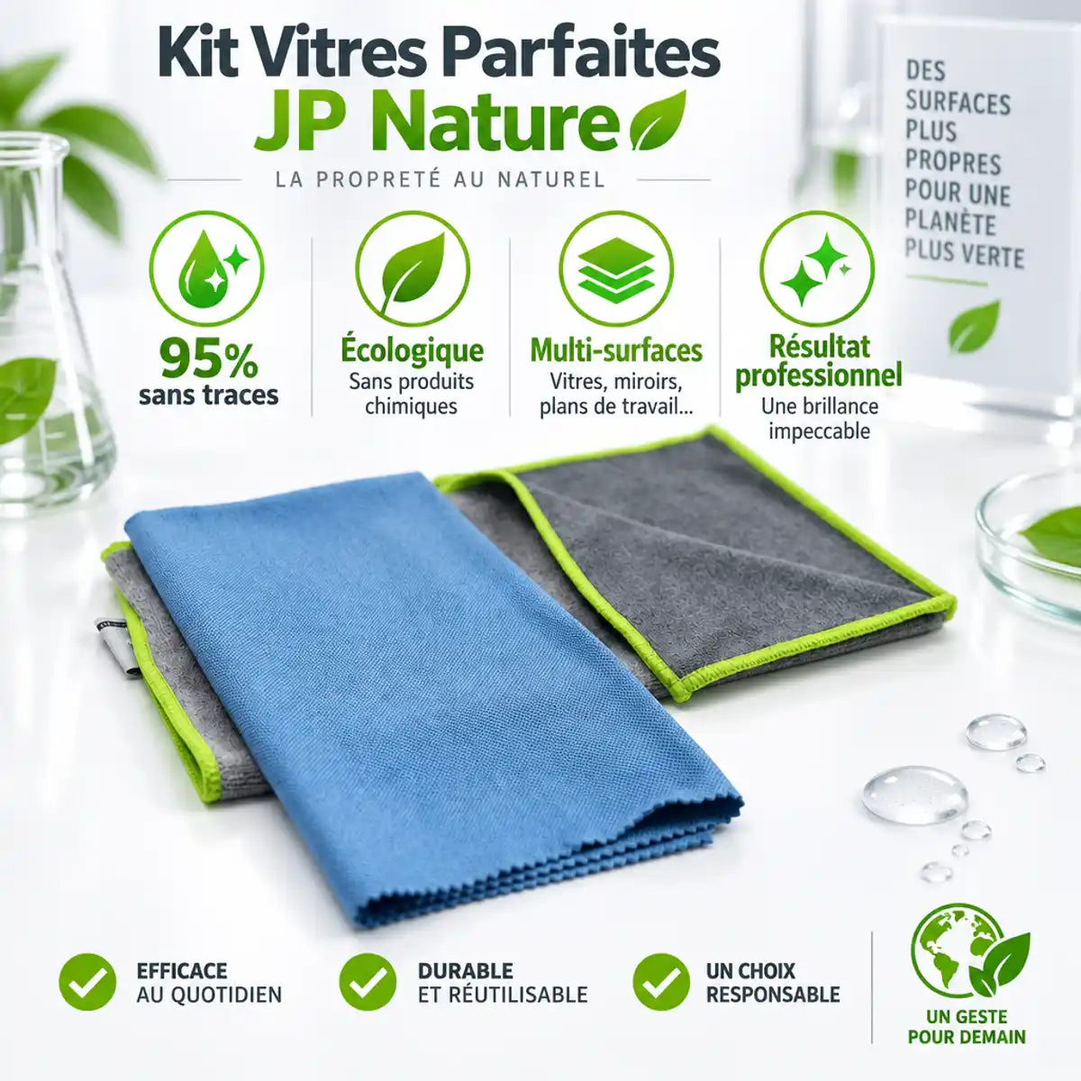 Kit Vitres Parfaites JP Nature - chiffons microfibre et gris avec caractéristiques sans traces et écologique