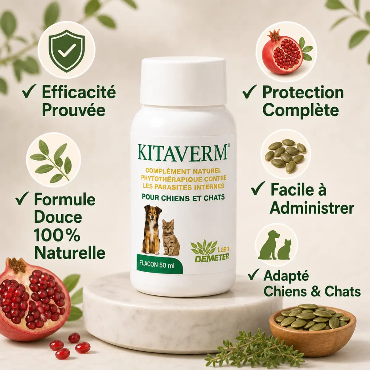 Kitaverm vermifuge naturel chien chat Labo-Demeter bouteille 50ml avec bénéfices et ingrédients botaniques