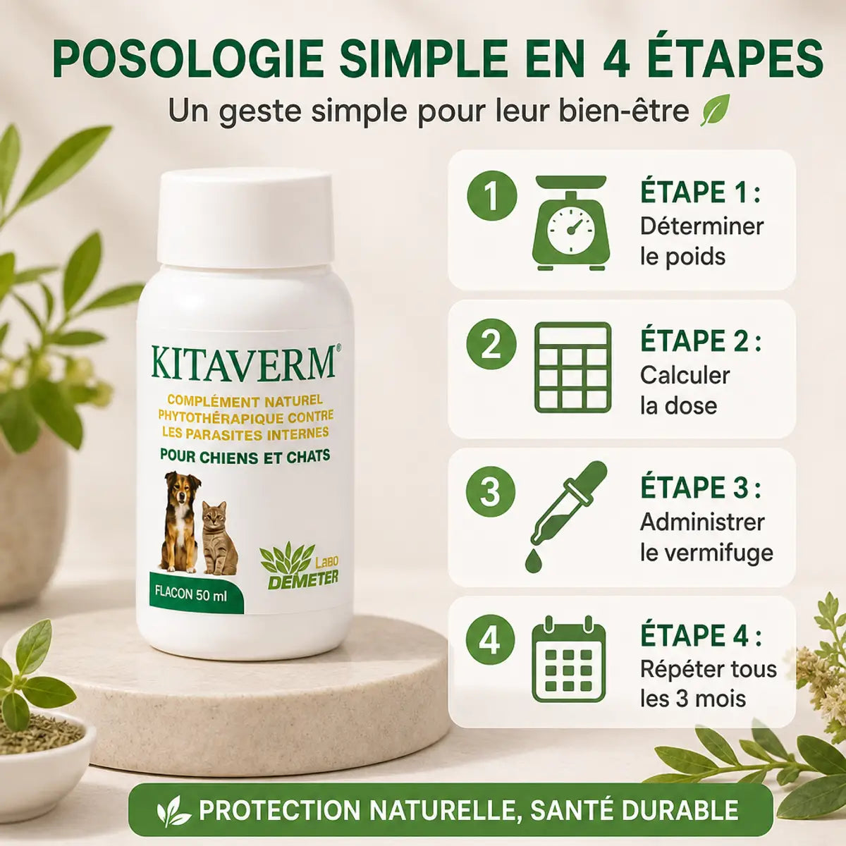 Kitaverm vermifuge naturel chien chat - guide posologie 4 étapes avec infographie dosage