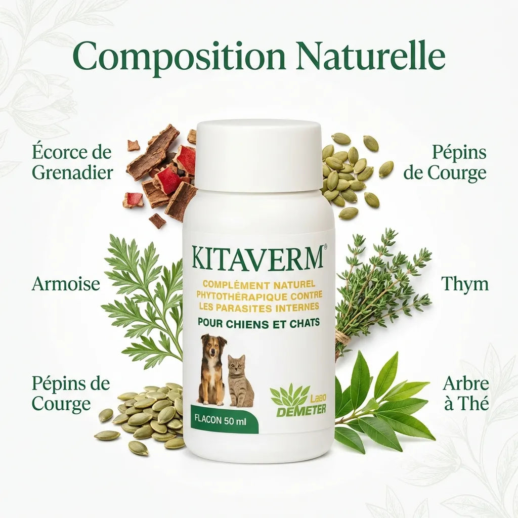 Kitaverm vermifuge naturel - flacon avec ingrédients grenadier, armoise, courge, thym pour chien chat
