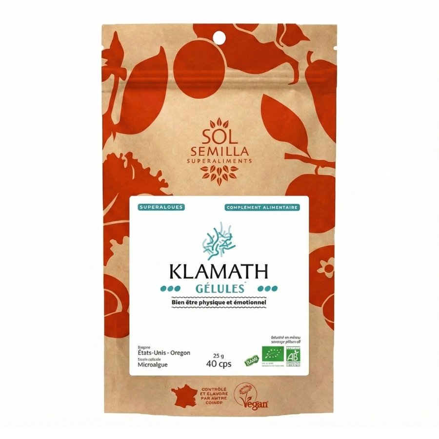 Un pack de 40 gélules de klamath crue bio de la marque sol semilla