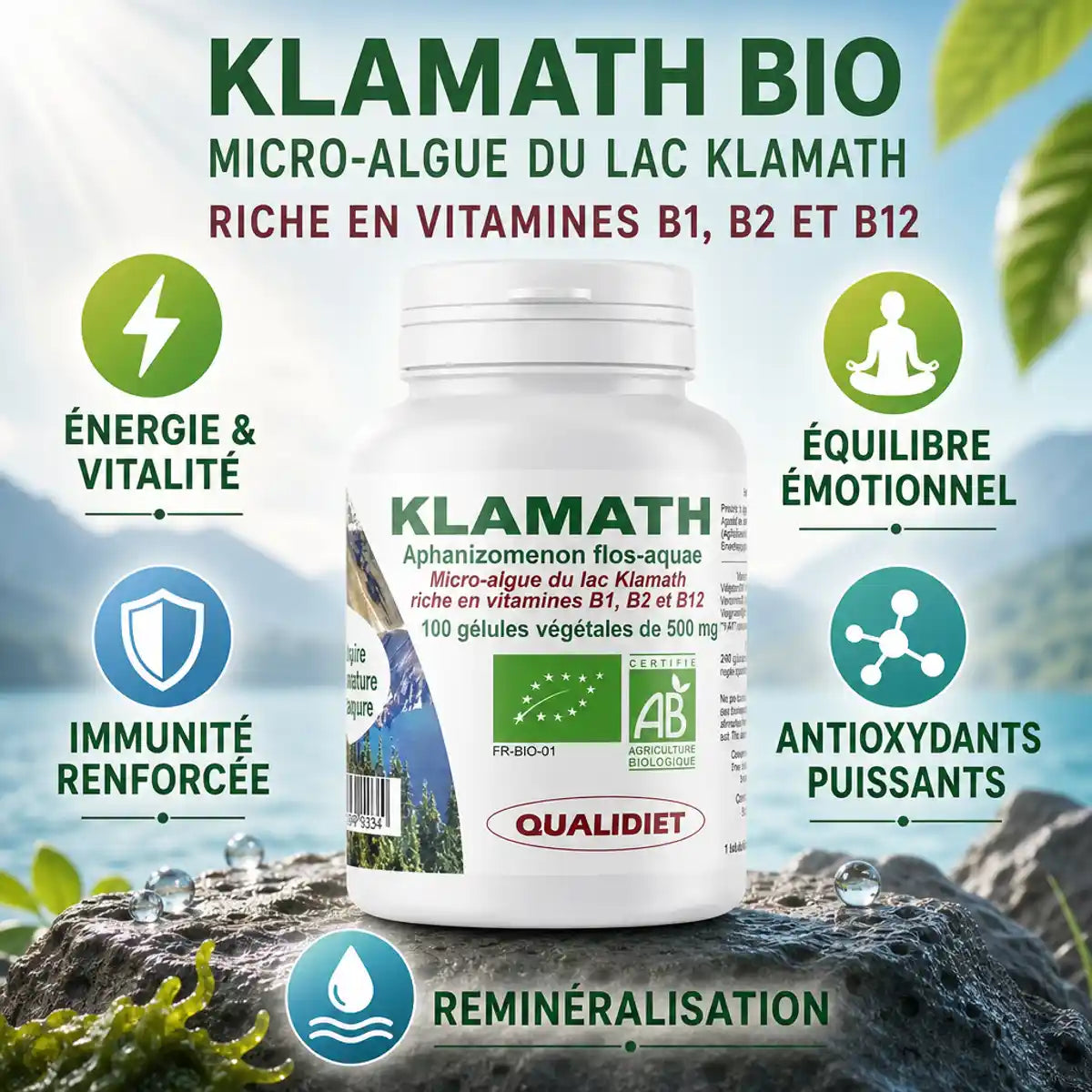 Klamath Bio 100 gélules Qualidiet - Énergie, immunité et antioxydants naturels certifiés bio