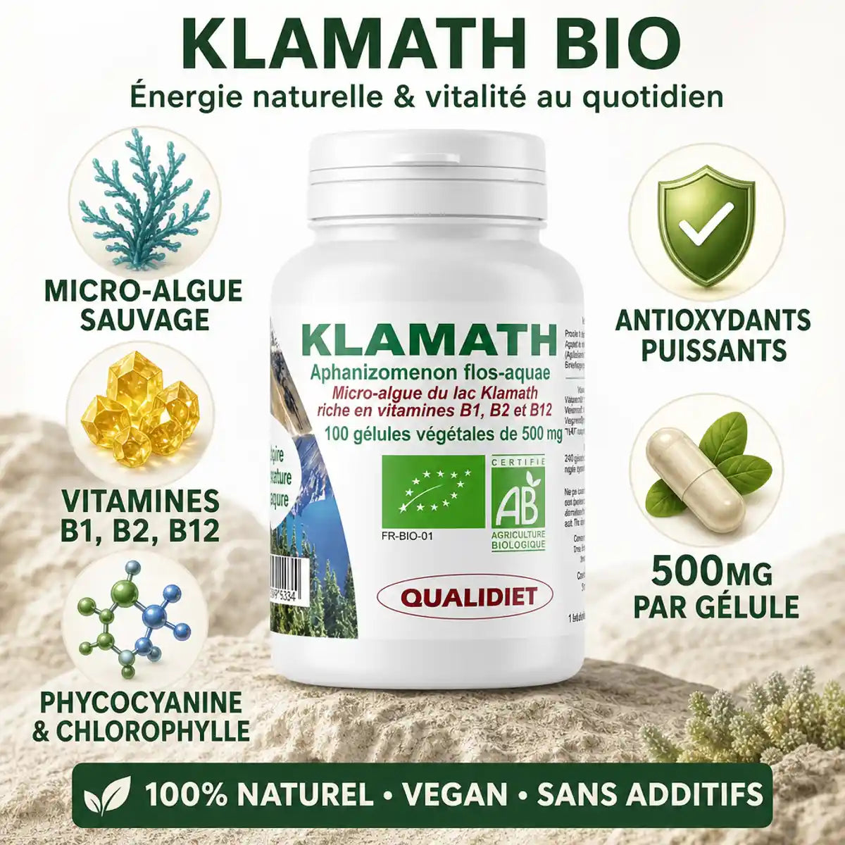 Klamath Bio 100 gélules Qualidiet avec micro-algue sauvage, vitamines B et antioxydants