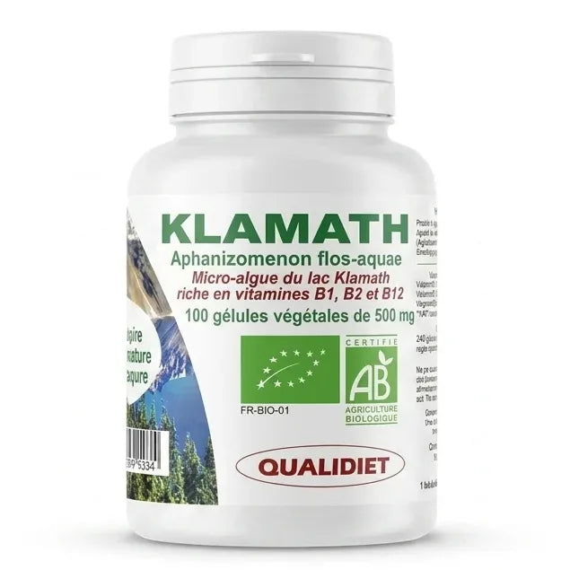 Flacon Klamath Bio 100 gélules Qualidiet avec étiquette verte et certification biologique
