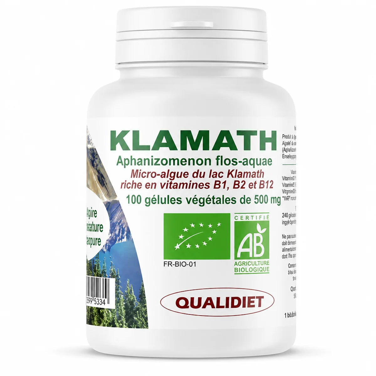 Flacon Klamath Bio 100 gélules Qualidiet complément alimentaire biologique fond blanc