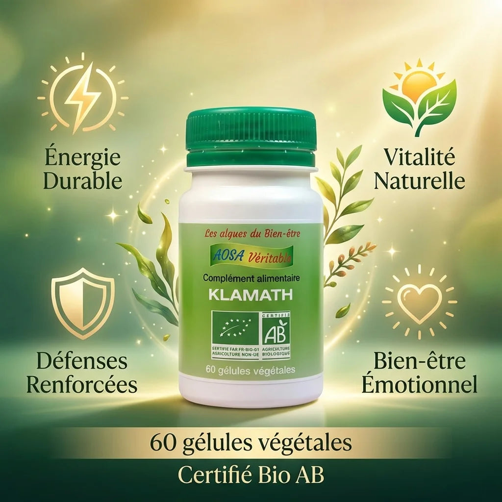 Klamath Bio 60 gélules Aosa avec infographie des bénéfices : énergie, vitalité, défenses et bien-être