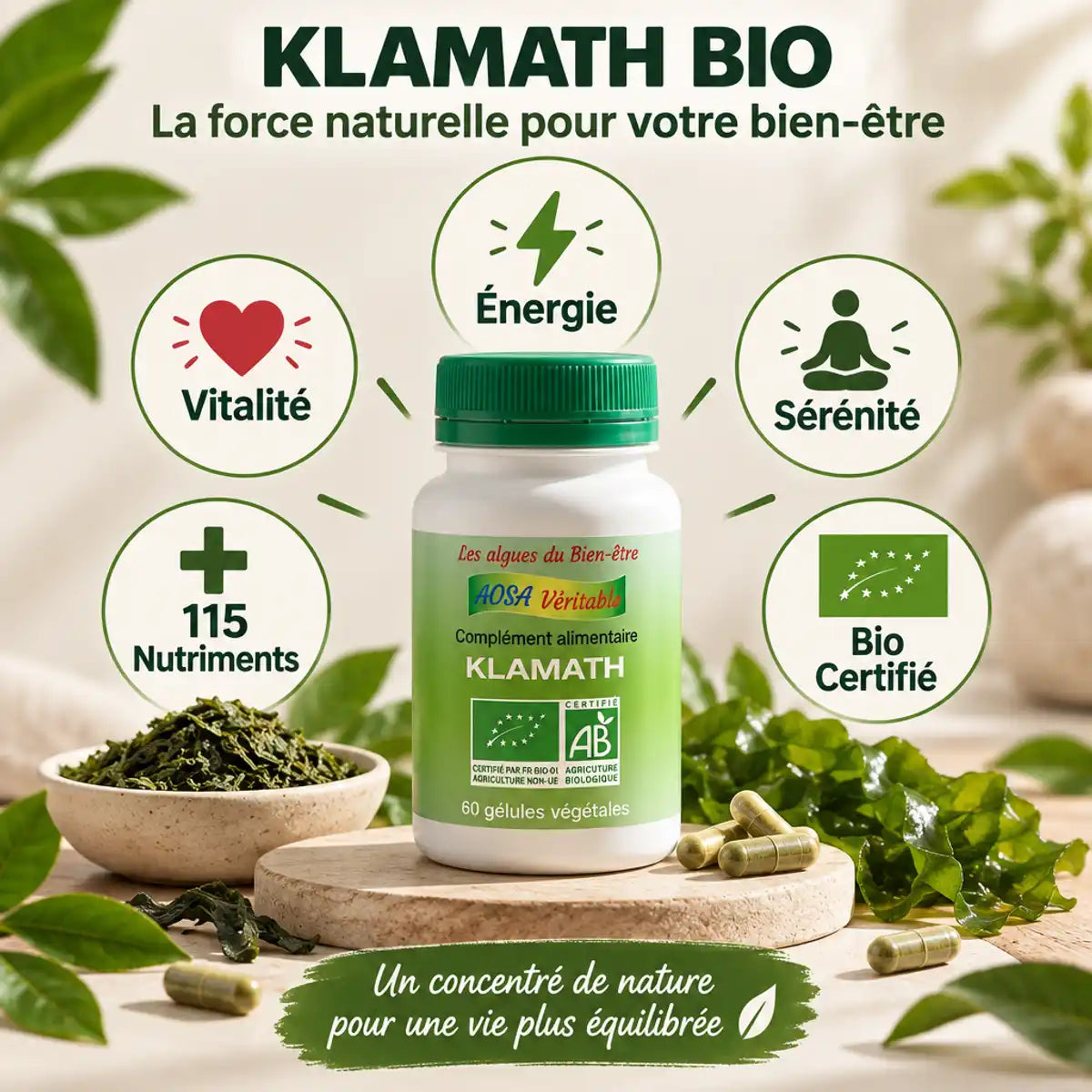 Klamath bio 60 gélules Aosa - Énergie, vitalité, sérénité et 115 nutriments bio certifiés