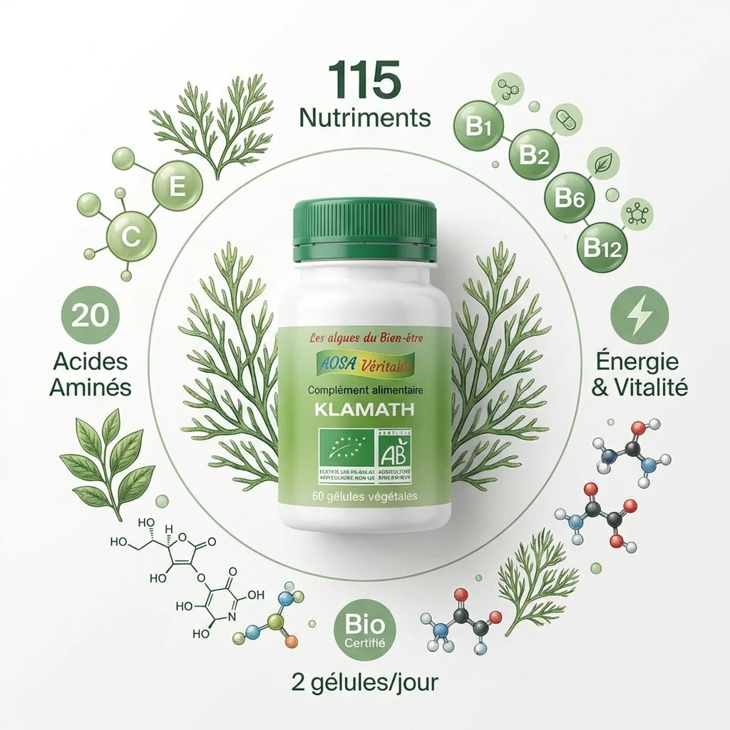 Klamath bio 60 gélules Aosa avec 115 nutriments et infographie des acides aminés certifiés bio