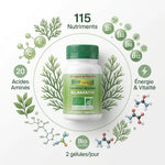 Klamath bio 60 gélules Aosa avec 115 nutriments et infographie des acides aminés certifiés bio