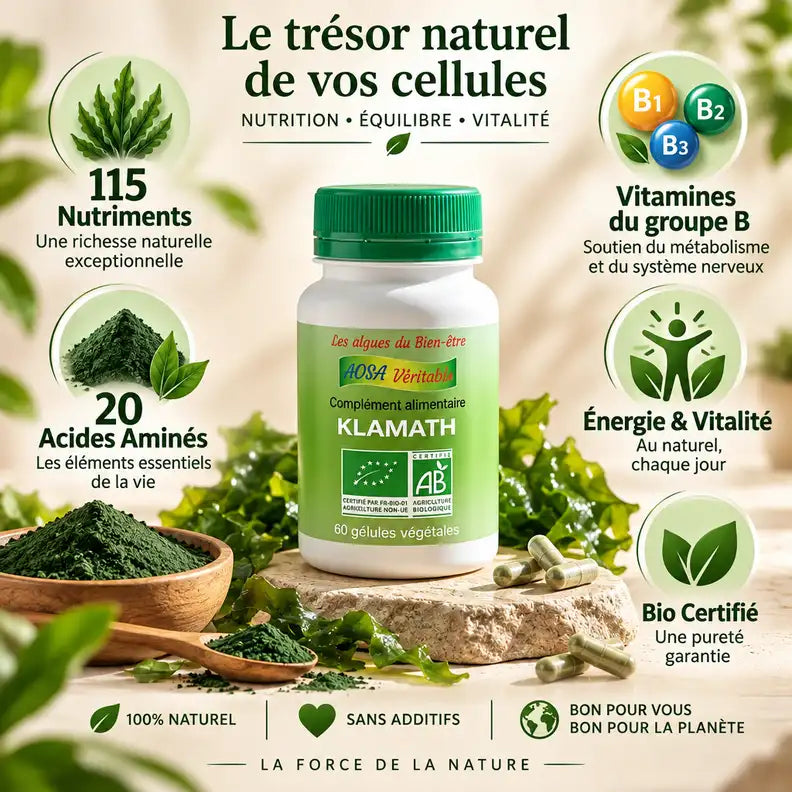 Klamath bio 60 gélules Aosa Véritable avec spiruline, 115 nutriments et 20 acides aminés