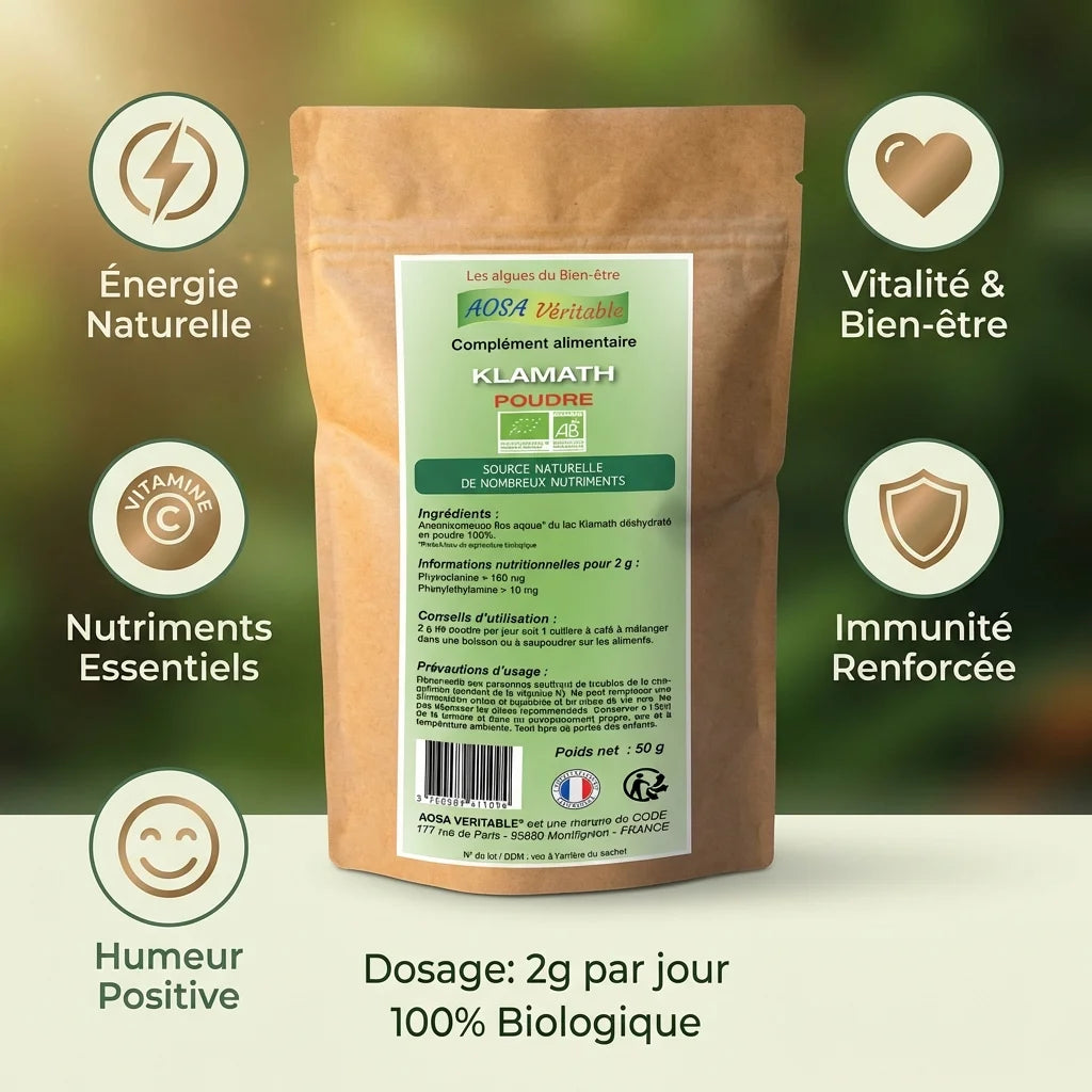 Klamath poudre bio Aosa 50g avec infographie bénéfices santé et dosage recommandé