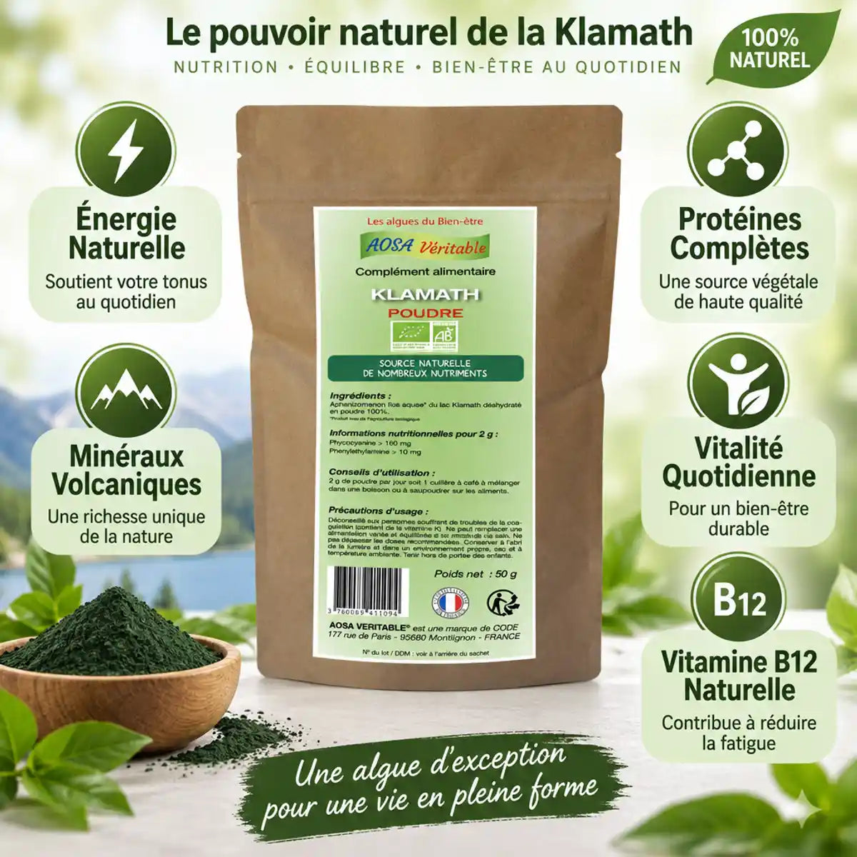Klamath bio poudre Aosa 50g - sachet kraft avec bénéfices nutritionnels et minéraux volcaniques