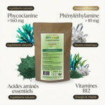 Klamath bio poudre Aosa 50g avec infographie nutritionnelle et ingrédients naturels