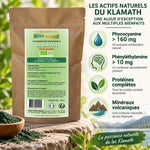 Klamath bio poudre Aosa avec infographie ingrédients phycocyanine protéines minéraux