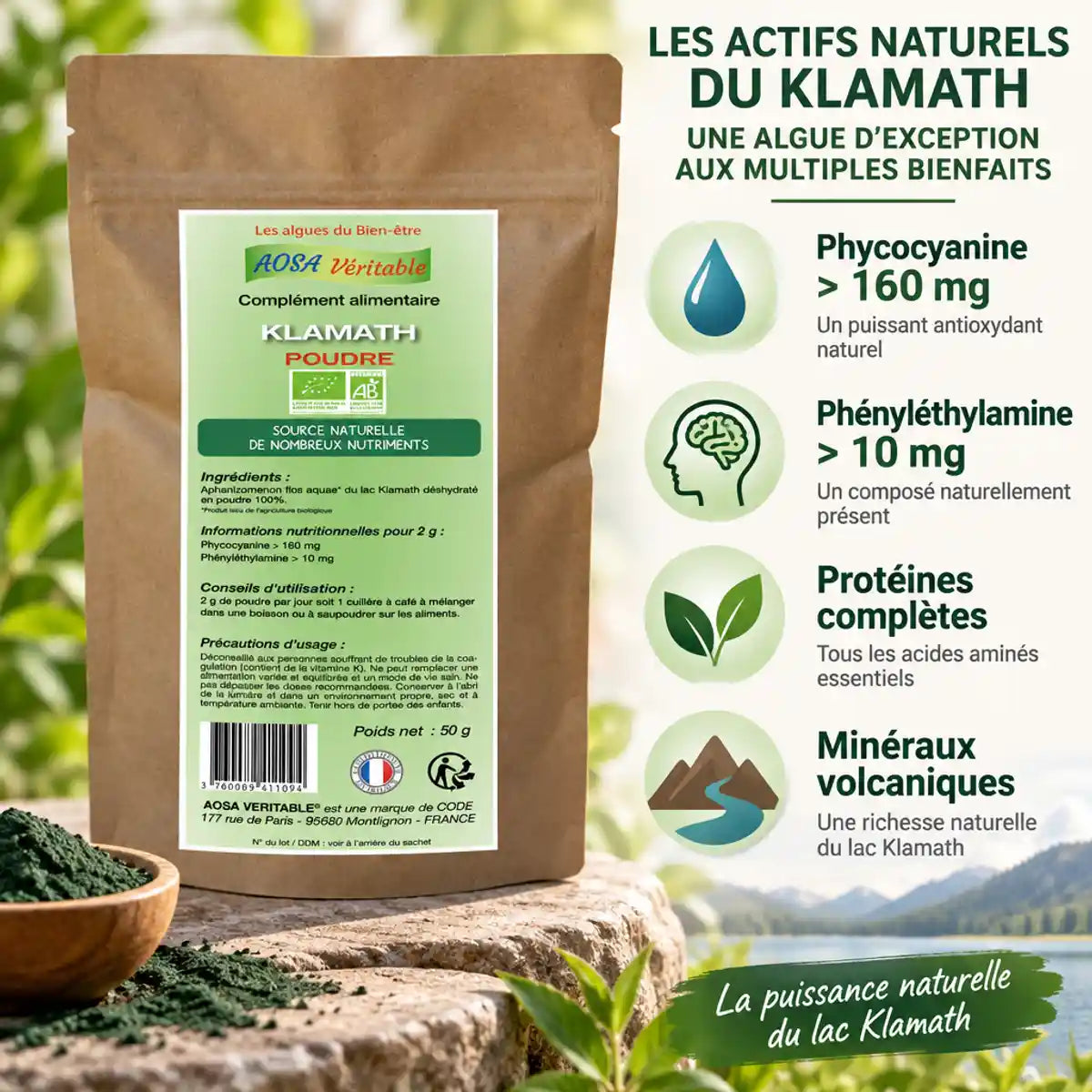 Klamath bio poudre Aosa avec infographie ingrédients phycocyanine protéines minéraux