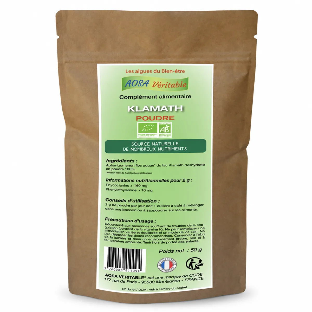 Poudre Klamath bio 50g Aosa Véritable en sachet kraft avec label vert, certifications AB