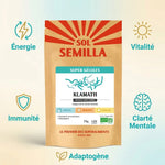 Klamath Crue Bio 120 gélules Sol Semilla avec icônes bénéfices énergie vitalité immunité clarté mentale
