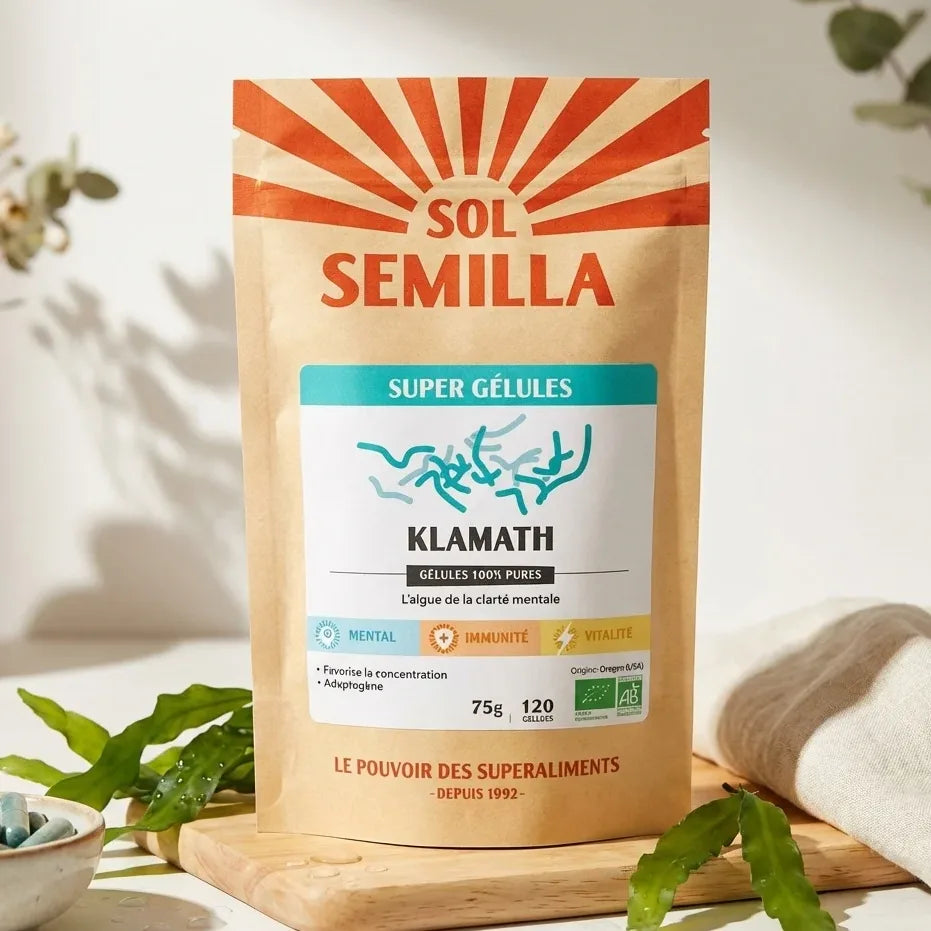 Klamath Crue Bio 120 gélules Sol Semilla complément alimentaire naturel avec feuilles vertes