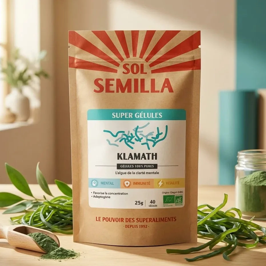 Klamath Crue Bio 40 gélules Sol Semilla sur bureau wellness avec feuilles vertes